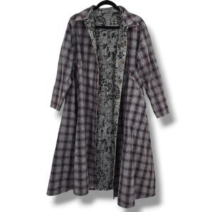 Paper Lace Reversible Plaid Floral Duster Jacket Longline Button Front Coat